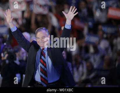 Democratic Nominee for Vice President Tim Kaine puts his hands in the air after he speaks on day three of the Democratic National Convention at Wells Fargo Center in Philadelphia, Pennsylvania on July 27, 2016.  Hillary Clinton claims the Democratic Party's nomination for president.   Photo by Ray Stubblebine/UPI Stock Photo