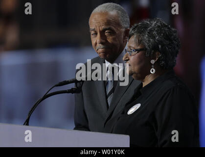 Wayne and Barbara Owens, parents of slain Cleveland police officer, speak on day four of the Democratic National Convention at Wells Fargo Center in Philadelphia, Pennsylvania on July 28, 2016.  Hillary Clinton claims the Democratic Party's nomination for president.   Photo by Ray Stubblebine/UPI Stock Photo