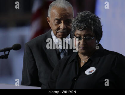 Wayne and Barbara Owens, parents of slain Cleveland police officer speak on day four of the Democratic National Convention at Wells Fargo Center in Philadelphia, Pennsylvania on July 28, 2016.  Hillary Clinton claims the Democratic Party's nomination for president.   Photo by Ray Stubblebine/UPI Stock Photo