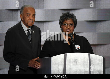 Wayne and Barbara Owens, parents of slain Cleveland police officer, address delegates on day four of the Democratic National Convention at Wells Fargo Center in Philadelphia, Pennsylvania on July 28, 2016. Democrat Hillary Clinton will face Republican Donald Trump in the national election. Photo by Pat Benic/UPI Stock Photo