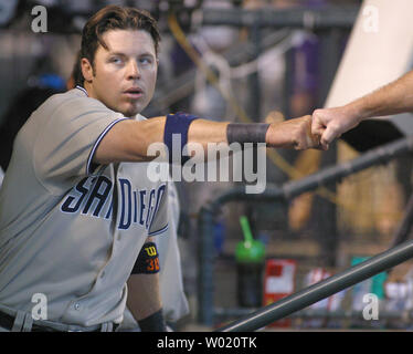 San Diego Padres' Ryan Klesko reacts after connecting for a two-run home  run in the sixth inning against the Arizona Diamondbacks Monday, Aug. 29,  2005, in San Diego. (AP Photo/Lenny Ignelzi Stock