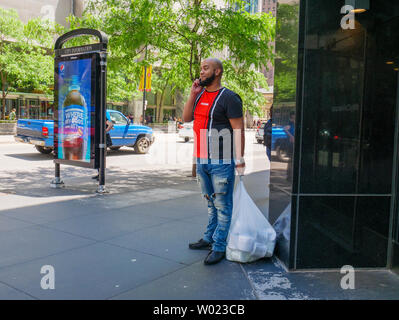 Man talking on cell phone holding bag full of toilet paper rolls. Michigan Avenue, Chicago, Illinois. Stock Photo