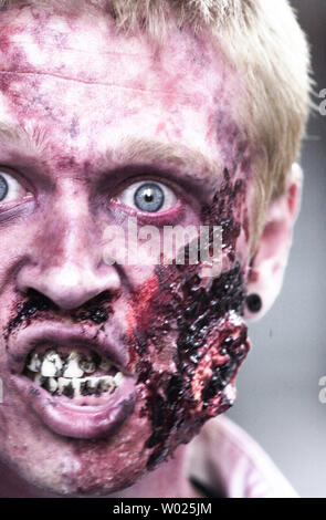 A young zombie enters the pre-party for the George Romero's  film ' Land of the Dead' in Pittsburgh PA on June 22, 2005. (UPI Photo/Archie Carpenter) Stock Photo