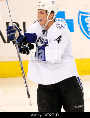 Tampa Bay Lightning Vincent Lecavalier (4) scores a goal during the third  period at the Continental Airlines Arena in East Rutherford New Jersey on  April 14, 2007. The Tampa Bay Lightning defeated