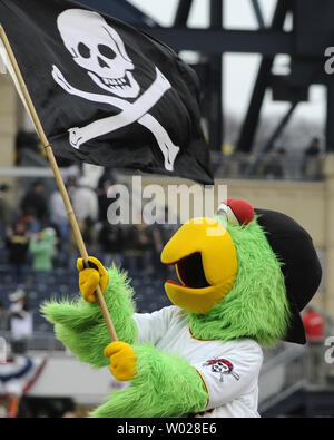 Pittsburgh Pirates mascot waves the pirate's flag, the Jolly Rogers  following the Pirates 7-0 win against the Houston Astros at PNC Park in  Pittsburgh on April 13, 2009. .(UPI Photo/Archie Carpenter Stock