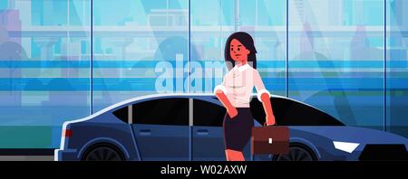 businesswoman standing near luxury car woman in formal wear holding suitcase going to work business concept flat portrait horizontal Stock Vector