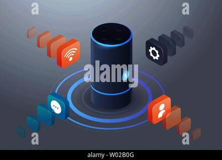 intelligent smart speaker voice recognition activated digital assistants automated command report concept 3d isometric flat horizontal Stock Vector