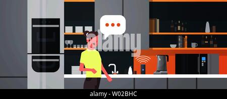 housewife using smart speaker voice recognition activated digital assistants automated command report concept modern kitchen interior flat horizontal Stock Vector