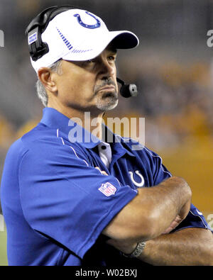 Indianapolis Colts head coach Chuck Pagano waits for the results of the Pittsburgh Steelers challenge of the touchdown call late in the second quarter at the Heinz Field in Pittsburgh on August 19, 2012.  UPI/Archie Carpenter Stock Photo