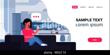 woman using smartphone smart speaker voice recognition concept chat bubble communication modern kitchen interior flat horizontal full length copy Stock Vector