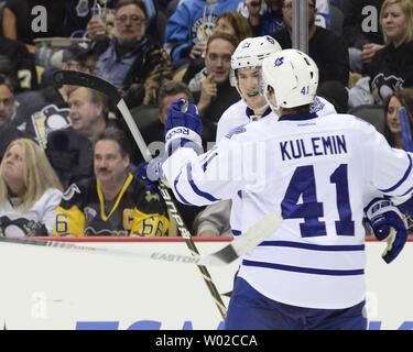 Toronto Maple Leafs James van Riemsdyk celebrates his goal with Robert Kulemin during the third period at the Consol Energy Center in Pittsburgh on January  23, 2013.   UPI/Archie Carpenter Stock Photo