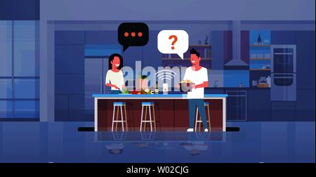 couple using smart speaker man woman preparing food asking recipe voice recognition concept modern kitchen interior flat horizontal full length Stock Vector