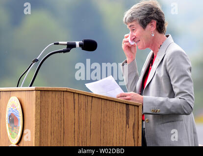 Secretary of the Interior, Sally Jewell, wipes tears from her eyes as she finishes addressing the family members and visitors of Flight 93 on the 12th Commemoration of the terrorist attacks on the World Trade Center , The Pentagon and Flight 93  near Shanksville,  Pennsylvania on September 11, 2013.  UPI/Archie Carpenter Stock Photo