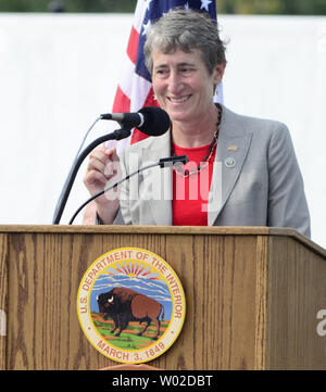 Secretary of the Interior, Sally Jewell, addresses the family members of the victims of the crash of Flight 93  and  the visitors to the Flight 93 National Memorial on the 12th Commemoration of the terrorist attacks on the World Trade Center, The Pentagon and Flight 93  near Shanksville, Pennsylvania on September 11, 2013.  UPI/Archie Carpenter Stock Photo