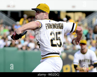 Pittsburgh Pirates relief pitcher Kyle Farnsworth (25) records the win against the Chicago Cubs at PNC Park in Pittsburgh on September 15, 2013.  UPI/Archie Carpenter Stock Photo