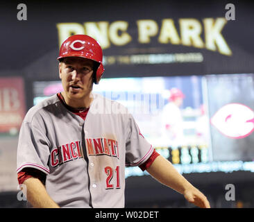 April 21, 2015: Cincinnati Reds third baseman Todd Frazier #21 hits a grand  slam during the Major League Baseball game between the Milwaukee Brewers  and the Cincinnati Reds at Miller Park in