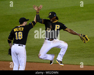 Pittsburgh Pirates center fielder Andrew McCutchen (22) hits a two run walk  off homer to win the game 6-5 in the bottom of the 14th inning against the  St. Louis Cardinals at