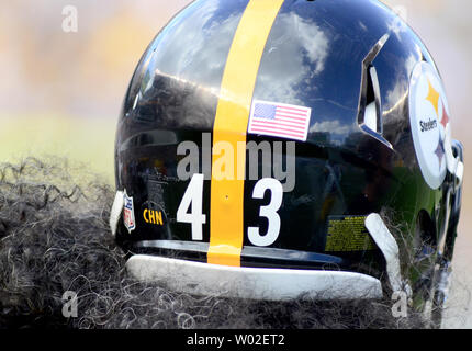 Pittsburgh Steelers strong safety Troy Polamalu (43) helmet displays the emblem with the CHN initials of Hall of Fame head coach Chuck Noll during the Steelers 30-27 win over the Cleveland Browns at Heinz Field in Pittsburgh on September 7, 2014. The Pittsburgh Steelers will honor the memory of Coach Check Noll by wearing his initials for then length of the season.   UPI/Archie Carpenter Stock Photo