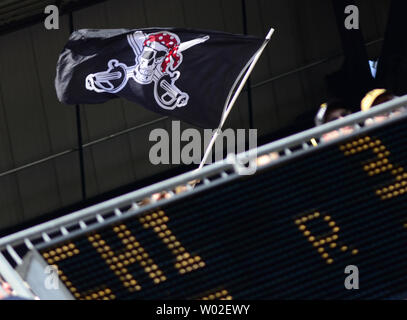 Pittsburgh Pirates fans wave the Jolly Roger flag on the rotunda as the  standing room only crowd at PNC Park watches the ten inning opening day 1-0  win over the Chicago Cubs