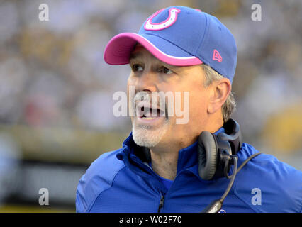 Indianapolis Colts head coach Chuck Pagano calls to his players during the first quarter of the Pittsburgh Steelers 51-34 win over the Colts at Heinz Field in Pittsburgh on October 26, 2014.  UPI/Archie Carpenter Stock Photo