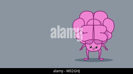 cute human brain organ pink cartoon character kawaii style horizontal Stock Vector