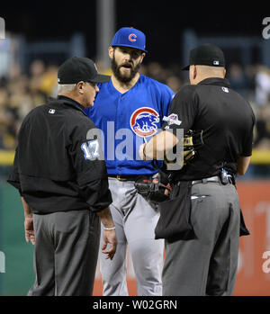 Chicago Cubs Jake Arrieta throws against the Pittsburgh Pirates in the  first inning of the National League Wild Card at PNC Park in Pittsburgh on  October 7, 2015. Photo by Pat Benic/UPI