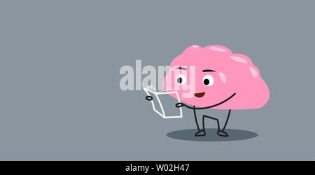 cute human brain organ reading book education concept kawaii style pink cartoon character horizontal Stock Vector