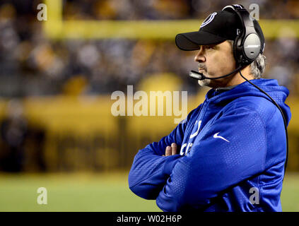 Indianapolis Colts head coach Chuck Pagano watches from the sidelines in the second quarter of the Pittsburgh Steelers 45-10 victory at Heinz Field in Pittsburgh on December 6, 2015.  Photo by Archie Carpenter/UPI Stock Photo