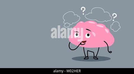 frustrated human brain organ thinking chat bubble question marks kawaii style pink cartoon character horizontal Stock Vector