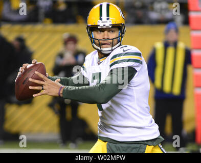 Green Bay Packers quarterback Brett Hundley (7) steps back to pass from deep inside Pittsburgh Steelers territory in the first quarter at Heinz Field in Pittsburgh  on November 26, 2017.  Photo by Archie Carpenter/UPI Stock Photo