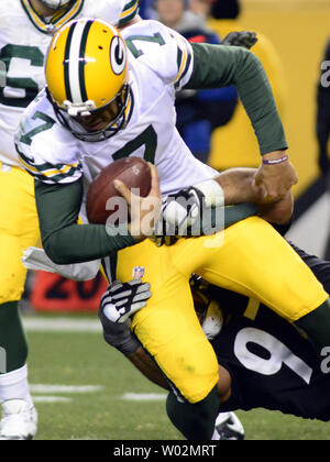 Pittsburgh Steelers defensive end Cameron Heyward (97) sacks Green Bay Packers quarterback Brett Hundley (7) in the fourth quarter of the  Steelers the 31-28 win at Heinz Field in Pittsburgh  on November 26, 2017.  Photo by Archie Carpenter/UPI Stock Photo