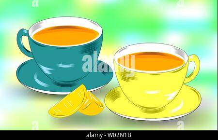 Flat drawing of a tea party. Lemon slices, still life of two cups and saucers. The mugs are filled with tea. Vector Stock Vector