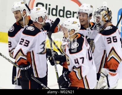 Anaheim Ducks goalie John Gibson (36) blocks a shot by Pittsburgh ...