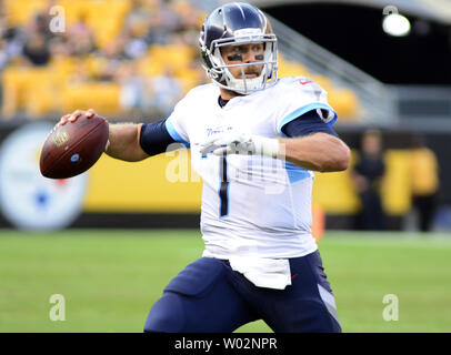 Tennessee Titans quarterback Blaine Gabbert (7) scrambles to the right and throws incomplete during the fourth quarter of the Pittsburgh Steelers  16-6 preseason win against the Tennessee Titans at Heinz Field in Pittsburgh on August 25, 2018. Photo by Archie Carpenter/UPI Stock Photo