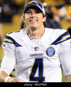 Los Angeles Chargers kicker Mike Badgley (4) smiles following the Chargers  33-30 win against the Pittsburgh Steelers at Heinz Field in Pittsburgh on December 2, 2018.  Photo by Archie Carpenter/UPI Stock Photo