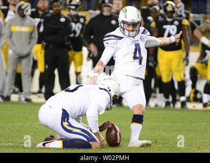 Los Angeles Chargers kicker Mike Badgley (4) makes a 29 yard field goal to defeat the Pittsburgh Steelers 33-30 at Heinz Field in Pittsburgh on December 2, 2018.  Photo by Archie Carpenter/UPI Stock Photo