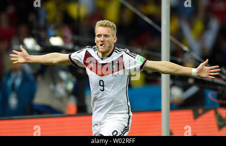 Andre Schurrle of Germany celebrates scoring the opening goal during the 2014 FIFA World Cup Round of 16 match at the Estadio Beira-Rio in Porto Alegre, Brazil on June 30, 2014. UPI/Chris Brunskill Stock Photo