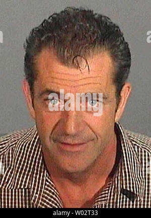 The Los Angeles County Sheriffs Department released the booking photo for actor Mel Gibson, who was arrested for suspicion of driving under the influence on July 28, 2006 in Malibu, CA. (UPI Photo/Los Angeles County Sheriffs Dept.) Stock Photo