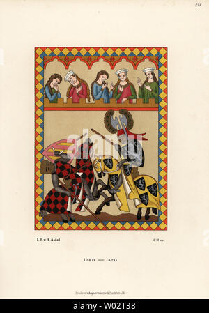 Walther von Klingen jousting in a tournament watched by five noble women. German knight, poet and minstrel or Minnesanger, d. 1286. From a miniature in the Codex Manesse. Chromolithograph from Hefner-Alteneck's Costumes, Artworks and Appliances from the Middle Ages to the 17th Century, Frankfurt, 1889. Illustration by Dr. Jakob Heinrich von Hefner-Alteneck, lithographed by C.R. Dr. Hefner-Alteneck (1811 - 1903) was a German museum curator, archaeologist, art historian, illustrator and etcher. Stock Photo