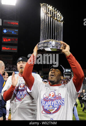 The Philadelphia Phillies celebrate a World Series championship following a  4-3 victory over the Tampa Bay Rays in Game 5 of the World Series at  Citizens Bank Park in Philadelphia, Pennsylvania, Wednesday