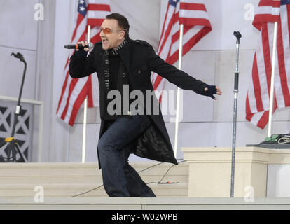 Bono of U2 performs during the We Are One inaugural opening ceremony concert at the Lincoln Memorial in Washington on January 18, 2009. UPI/Kevin Dietsch Stock Photo