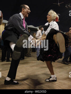 Jan (L) and Dan Hanson of Cedar Falls, Iowa dance before a tribute concert memorializing Buddy Holly, J.P. 'The Big Bopper' Richardson and Ritchie Valens at the Surf Ballroom in Clear Lake, Iowa on February 2, 2009. The three rock 'n' roll pioneers played their last show at the Surf Ballroom 50 years ago to the day. Singer Don McLean coined the phrase 'the day the music died' in his hit song 'American Pie' referring to the plane crash that killed the three stars in the early morning hours of February 3, 1959.  UPI/Brian Kersey Stock Photo