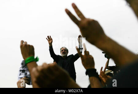 Reformist candidate Mir Hossein Mousavi speaks to his supporters as they gather on the streets of Tehran to demonstrate against the results of the Iranian presidential election in Tehran, Iran on June 18, 2009. UPI Stock Photo
