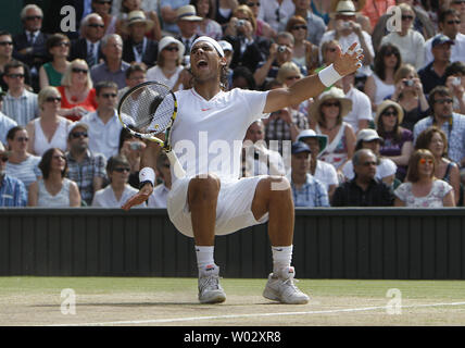 Spain's Rafael Nadal celebrates winning the men's singles final against Czech Thomas Berdych at the Wimbledon championships in Wimbledon on July 4, 2010. Nadal beat Berdych 6-3,7-5,6-4. UPI/Hugo Philpott