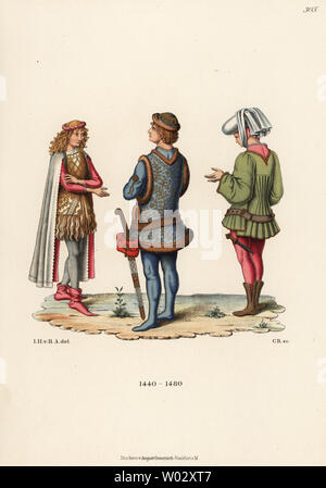 Men’s costumes of the mid 15th century. Young man in doublet with long sleeves from a Saxon lineage book, nobleman in costume of the Lower Rhine from a painting in the Van Eyck school, and Italian fashion of the Pietro Perugino era from a Berlin copperplate collection. Chromolithograph from Hefner-Alteneck's Costumes, Artworks and Appliances from the Middle Ages to the 17th Century, Frankfurt, 1889. Illustration by Dr. Jakob Heinrich von Hefner-Alteneck, lithographed by C.R. Dr. Hefner-Alteneck (1811 - 1903) was a German museum curator, archaeologist, art historian, illustrator and etcher. Stock Photo