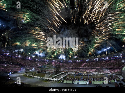 Fireworks explode over Olympic Stadium at opening ceremonies at the London 2012 Summer Olympics on July 27, 2012 in London.    UPI/Terry Schmitt Stock Photo