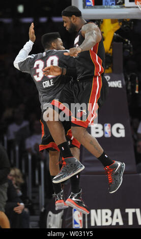 Miami Heat small forward LeBron James (6) celebrates with Norris Cole (30) in the second half at Staples Center against the Los Angeles Lakers in Los Angeles on January 17,  2013. The Heat won 99 to 90.   UPI/Lori Shepler Stock Photo