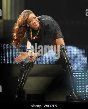 Rihanna performs in concert on her 'Diamonds World Tour', at the BB & T Center in Sunrise, Florida on April 20, 2013.  UPI/Michael Bush Stock Photo