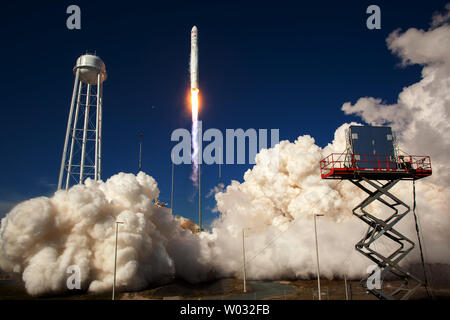 The Orbital Sciences Corporation Antares rocket is seen as it launches from Pad-0A of the Mid-Atlantic Regional Spaceport (MARS) at the NASA Wallops Flight Facility on Wallops Island, Virginia, Sunday, April 21, 2013. The test launch marked the first flight of Antares and the first rocket launch from Pad-0A. The Antares rocket delivered the equivalent mass of a spacecraft, a so-called mass simulated payload, into Earth's orbit.  UPI/NASA/Bill Ingalls