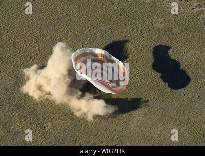 The Soyuz TMA-07M spacecraft is seen as it lands with Expedition 35 Commander Chris Hadfield of the Canadian Space Agency (CSA), NASA Flight Engineer Tom Marshburn and Russian Flight Engineer Roman Romanenko of the Russian Federal Space Agency (Roscosmos) in a remote area near the town of Dzhezkazgan, Kazakhstan, on  May 14, 2013.  Hadfield, Marshburn and Romanenko returned from five months onboard the International Space Station where they served as members of the Expedition 34 and 35 crews.    UPI/Carla Cioffi/NASA Stock Photo
